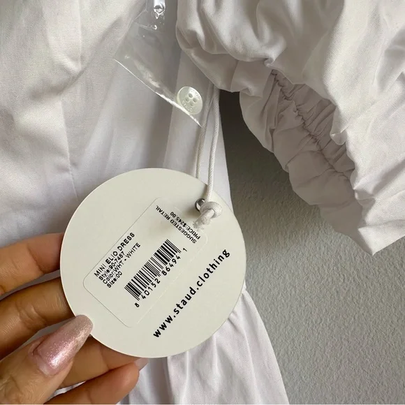 Staud Mini Elio Dress in White / Off The Shoulder Prairie Dress w/ Puffy Sleeves - Picture 12 of 13